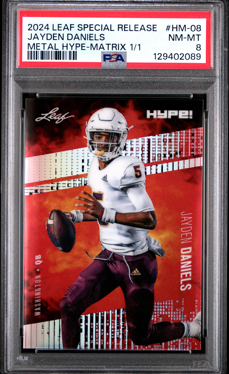 PSA 8 Jayden Daniels 2024 Leaf HYPE! Metal #HM-08 Matrix 1/1 Rookie Card Washington Commanders