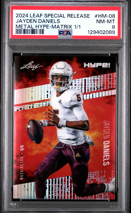 PSA 8 Jayden Daniels 2024 Leaf HYPE! Metal #HM-08 Matrix 1/1 Rookie Card