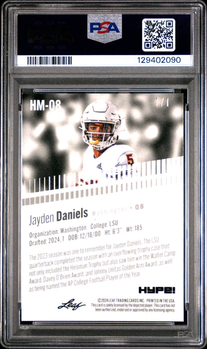 PSA 9 Jayden Daniels 2024 Leaf HYPE! Metal #HM-08 Gold 1/1 Rookie Card