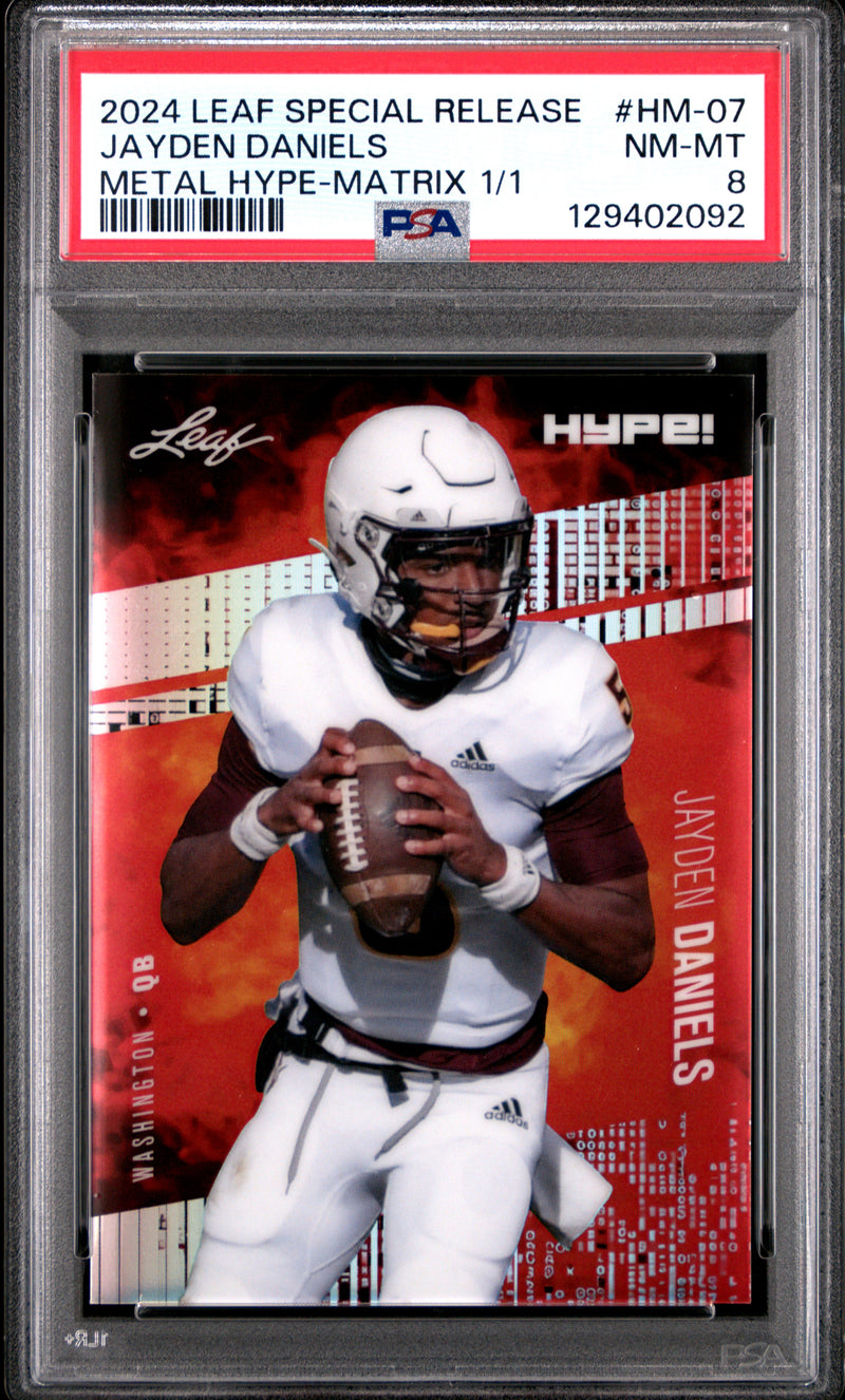 PSA 8 Jayden Daniels 2024 Leaf HYPE! Metal #HM-07 Matrix 1/1 Rookie Card Washington Commanders
