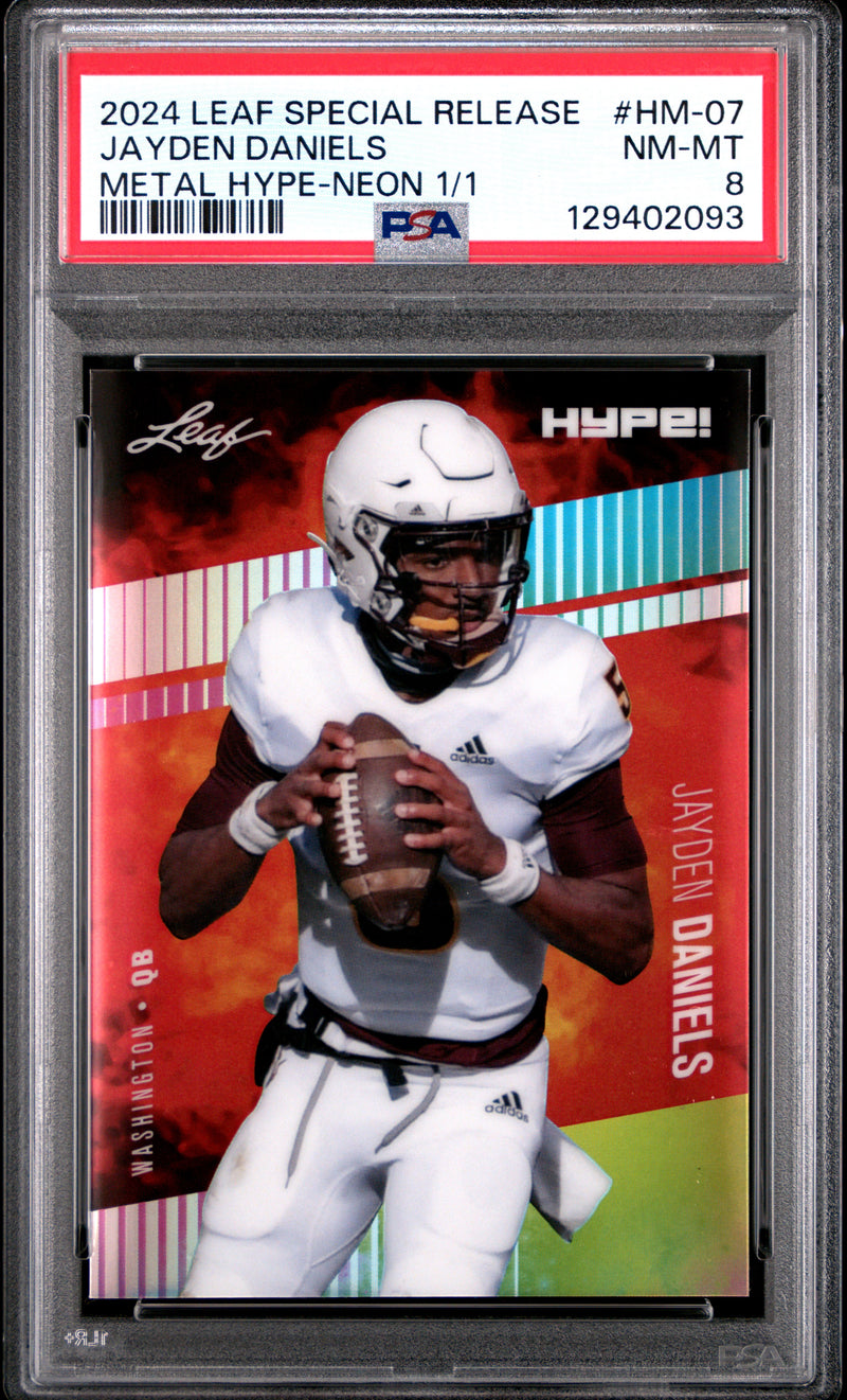 PSA 8 Jayden Daniels 2024 Leaf HYPE! Metal #HM-07 Neon 1/1 Rookie Card Washington Commanders