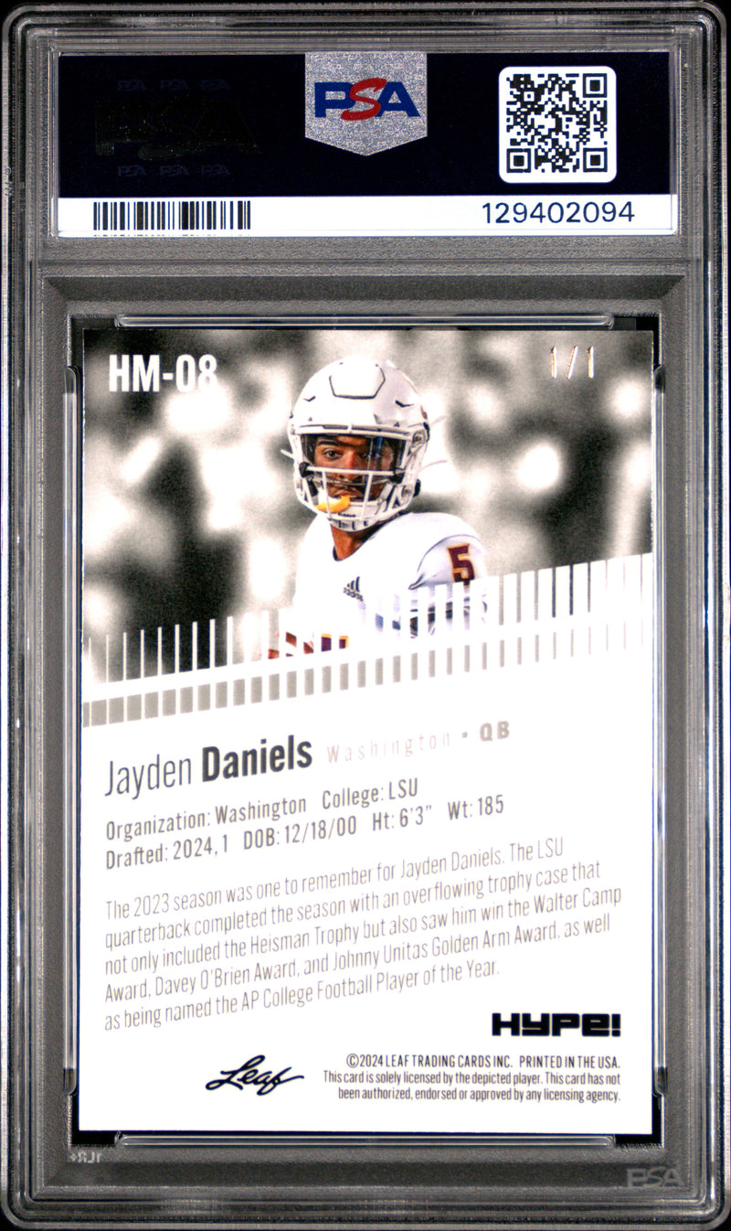 PSA 9 Jayden Daniels 2024 Leaf HYPE! Metal #HM-08 Platinum 1/1 Rookie Card Washington Commanders