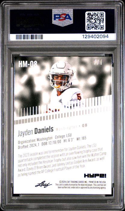 PSA 9 Jayden Daniels 2024 Leaf HYPE! Metal #HM-08 Platinum 1/1 Rookie Card