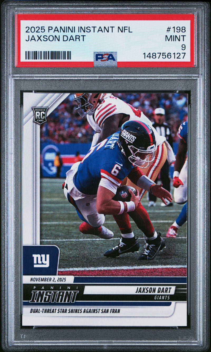 PSA 9 Jaxson Dart 2025 Panini Instant #198 Dual Threat Rookie Card New York Giants