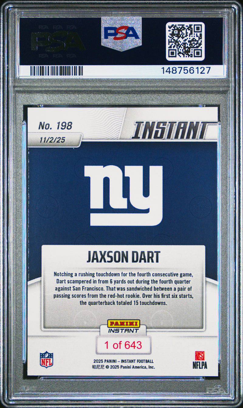 PSA 9 Jaxson Dart 2025 Panini Instant #198 Dual Threat Rookie Card New York Giants