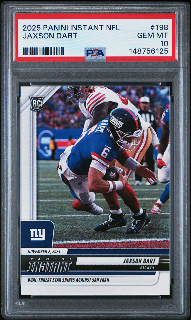 PSA 10 Jaxson Dart 2025 Panini Instant #198 Dual Threat Rookie Card New York Giants