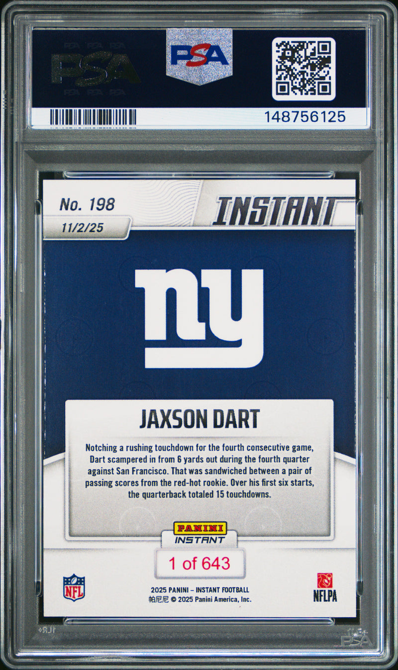PSA 10 Jaxson Dart 2025 Panini Instant #198 Dual Threat Rookie Card New York Giants