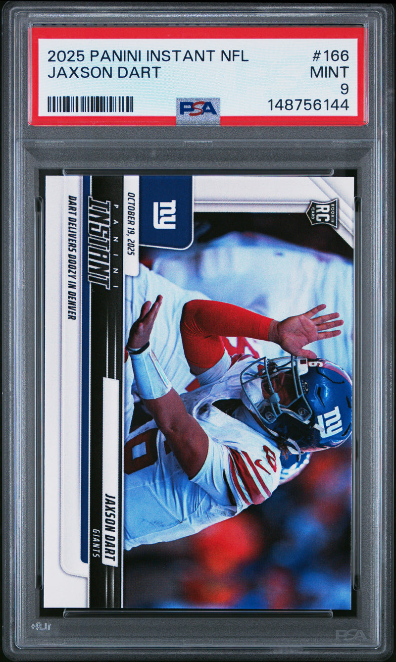 PSA 9 Jaxson Dart 2025 Panini Instant #166 Dart Delivers Rookie Card New York Giants