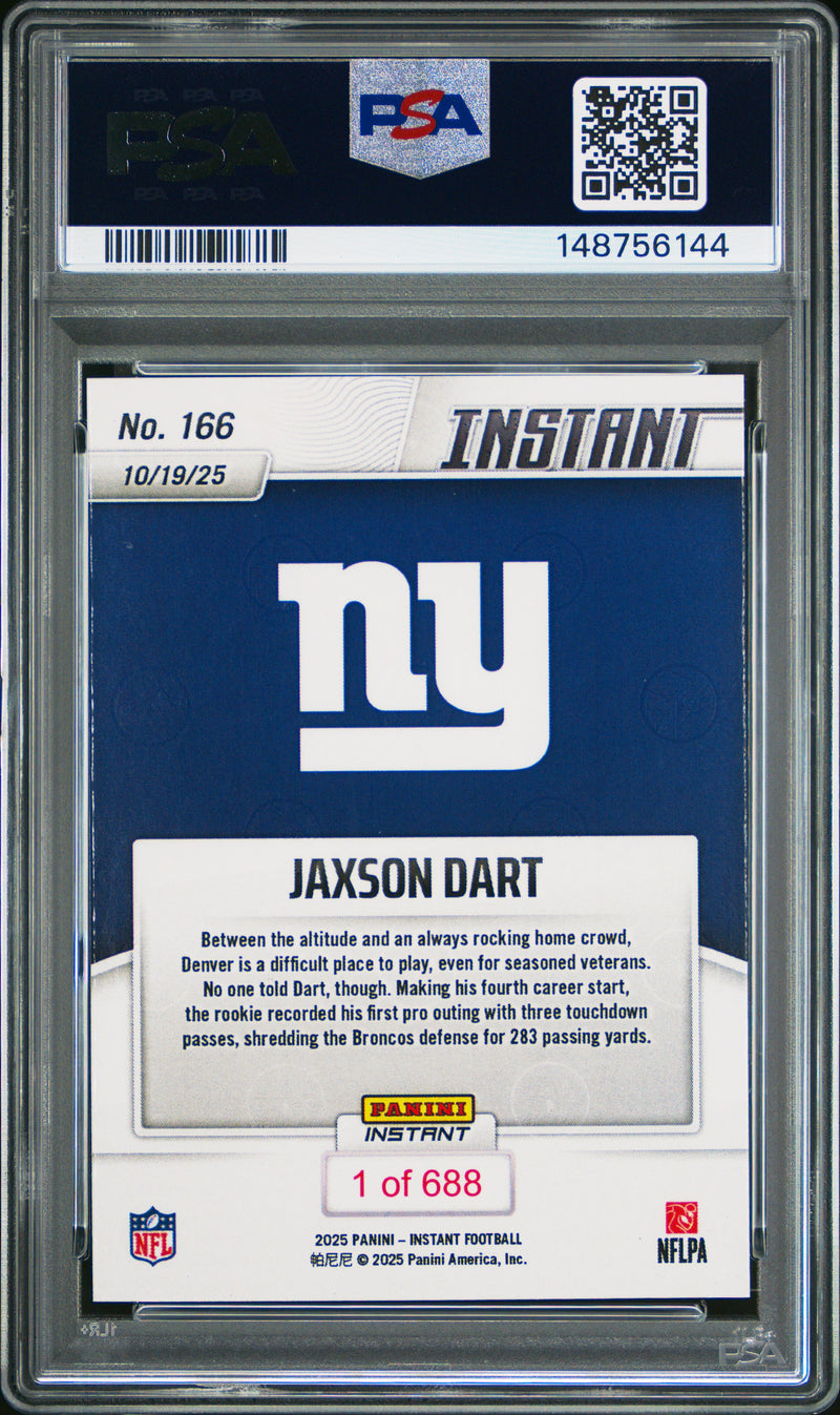 PSA 9 Jaxson Dart 2025 Panini Instant #166 Dart Delivers Rookie Card New York Giants