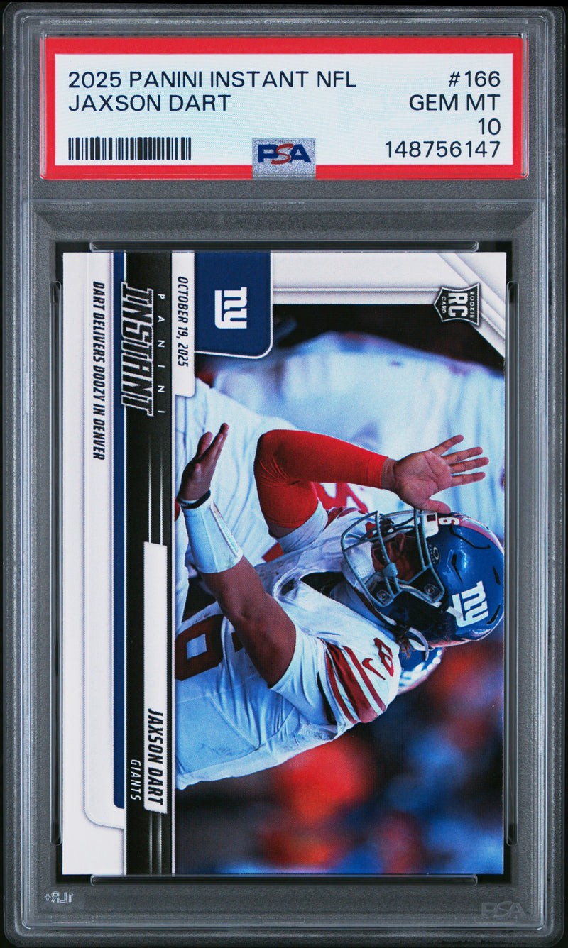 PSA 10 Jaxson Dart 2025 Panini Instant #166 Dart Delivers Rookie Card New York Giants