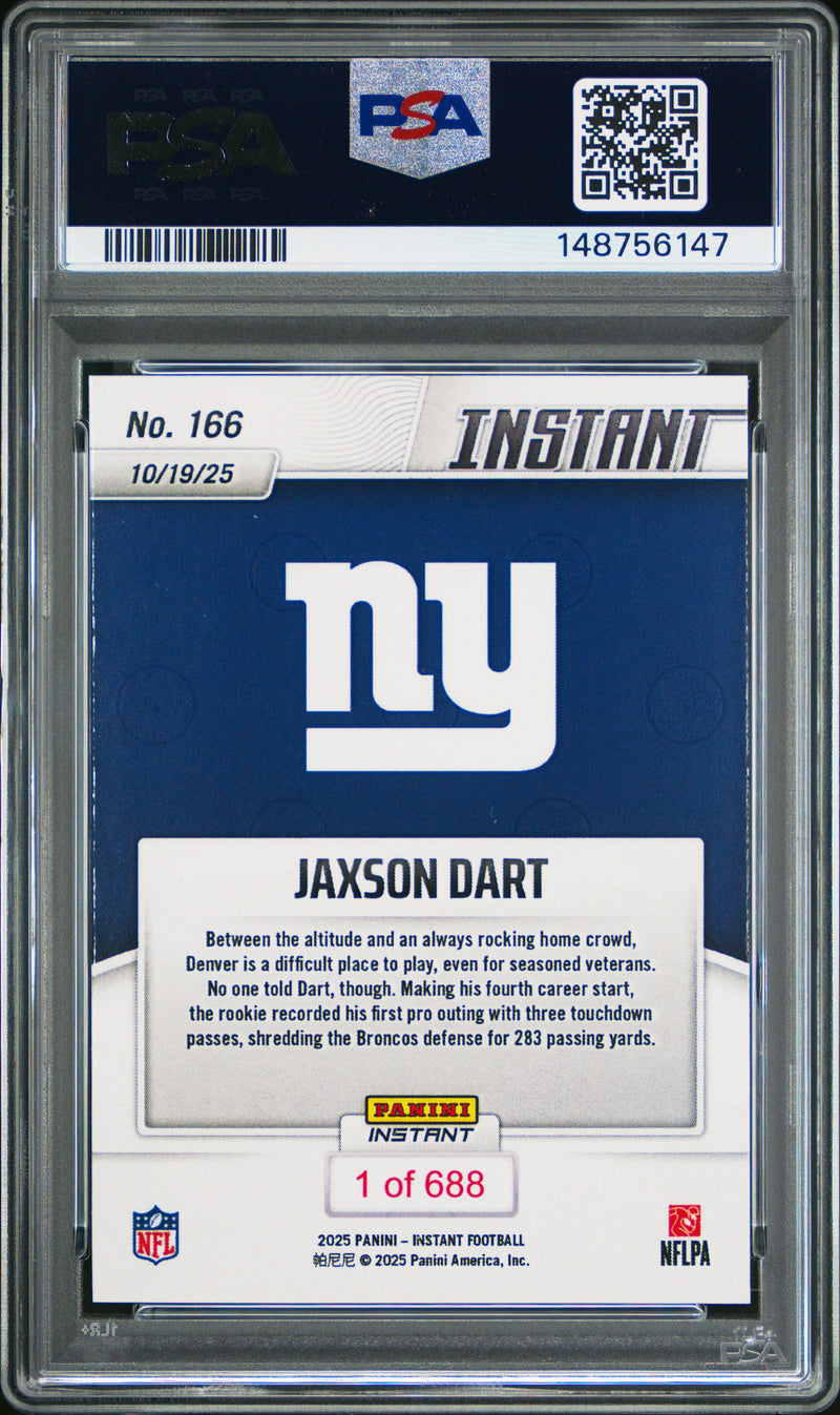 PSA 10 Jaxson Dart 2025 Panini Instant #166 Dart Delivers Rookie Card New York Giants