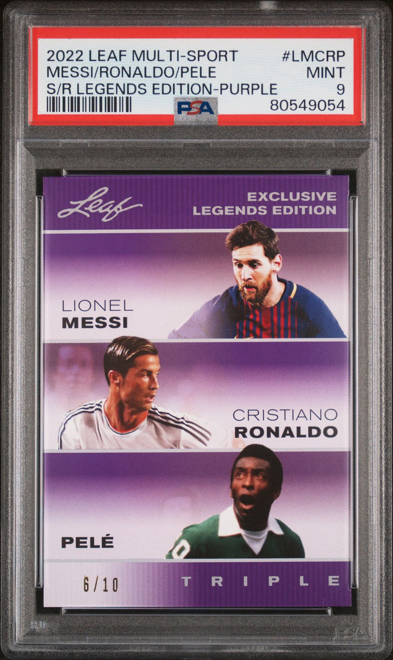 2022 Leaf PSA 9 #LMCRP The Triple Pele Lionel Messi Cristiano Ronaldo Purple #6/10 Rare Trading Card FC Barcelona