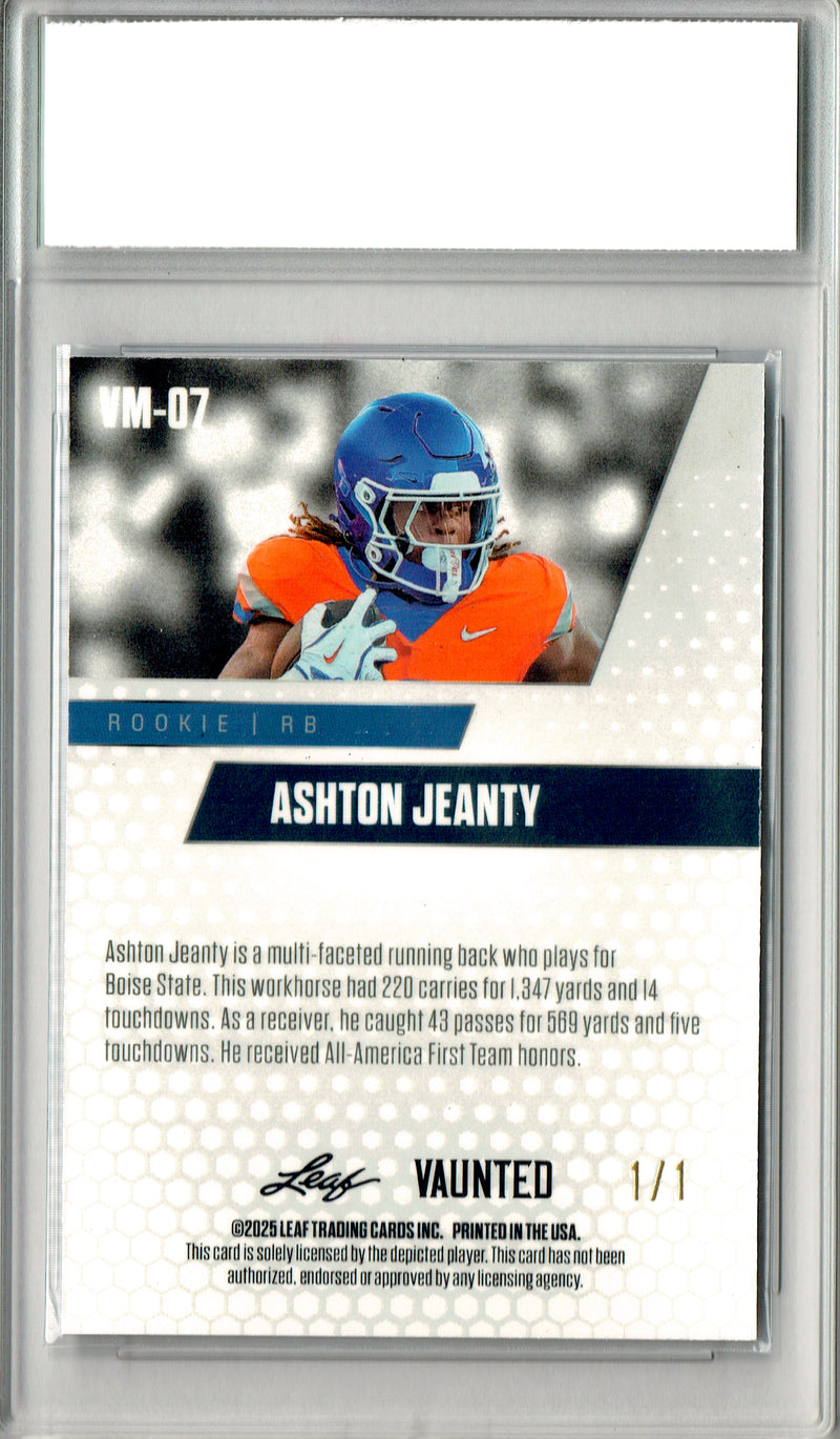 Ashton Jeanty Rookie Card 2025 Leaf Vaunted #VM-07 1/1 White Shimmer, PGI 10, Las Vegas Raiders Football