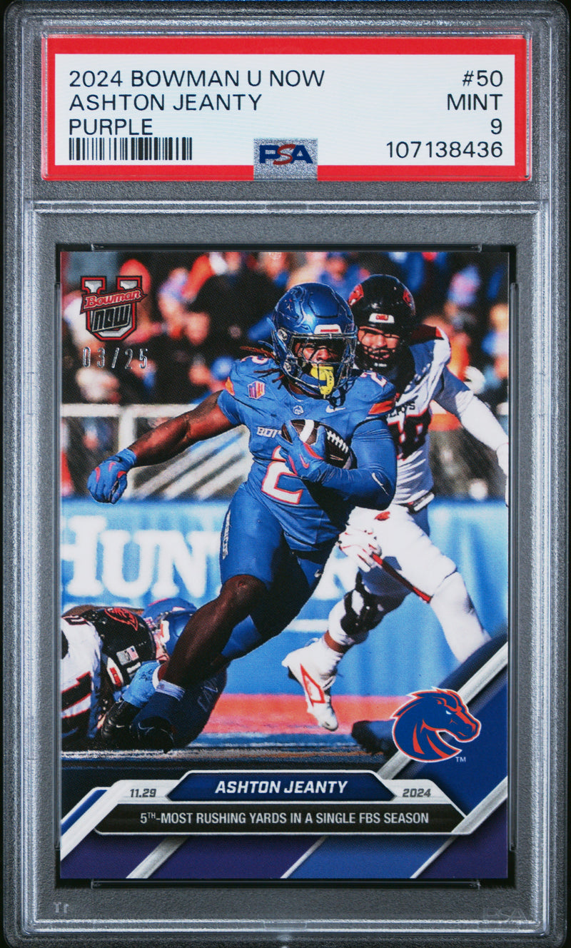 PSA 9 Ashton Jeanty 2024 Bowman University Now #50 Purple #3 of 25 Rookie Card Boise State