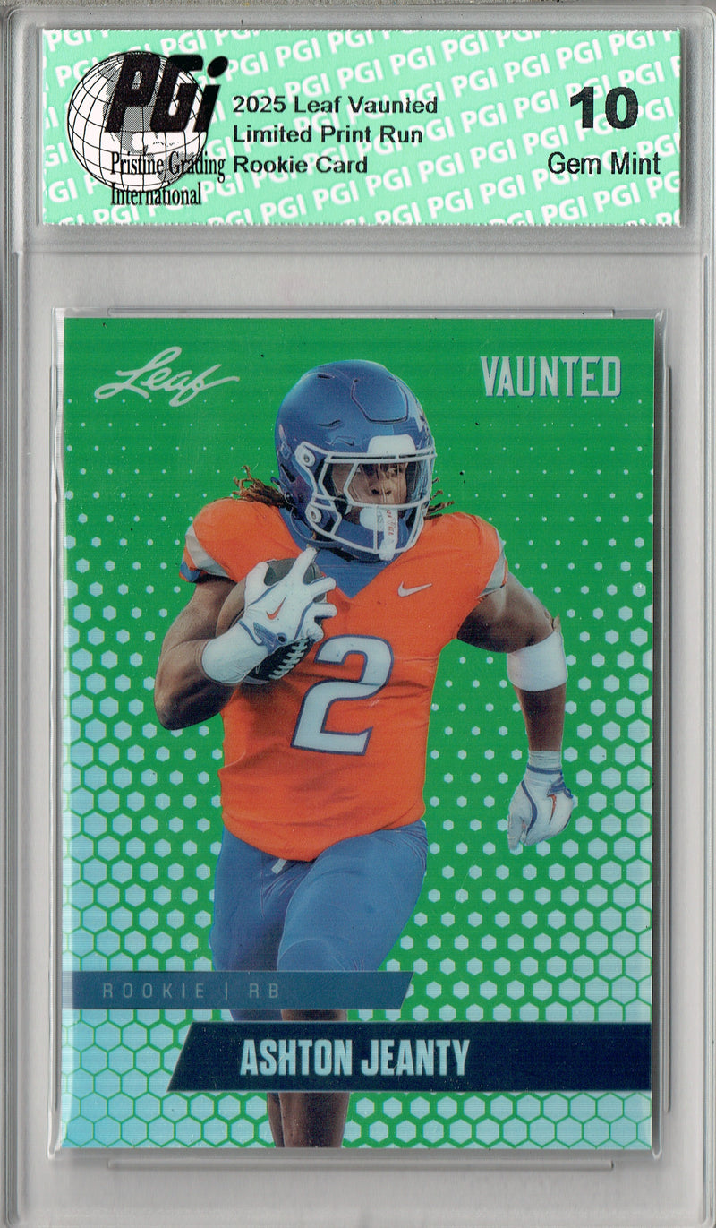 Ashton Jeanty Rookie Card Boise St / Las Vegas PGI 10 Football Trading Card 2025 Leaf Vaunted Metal #VM-07 Green 5 Made