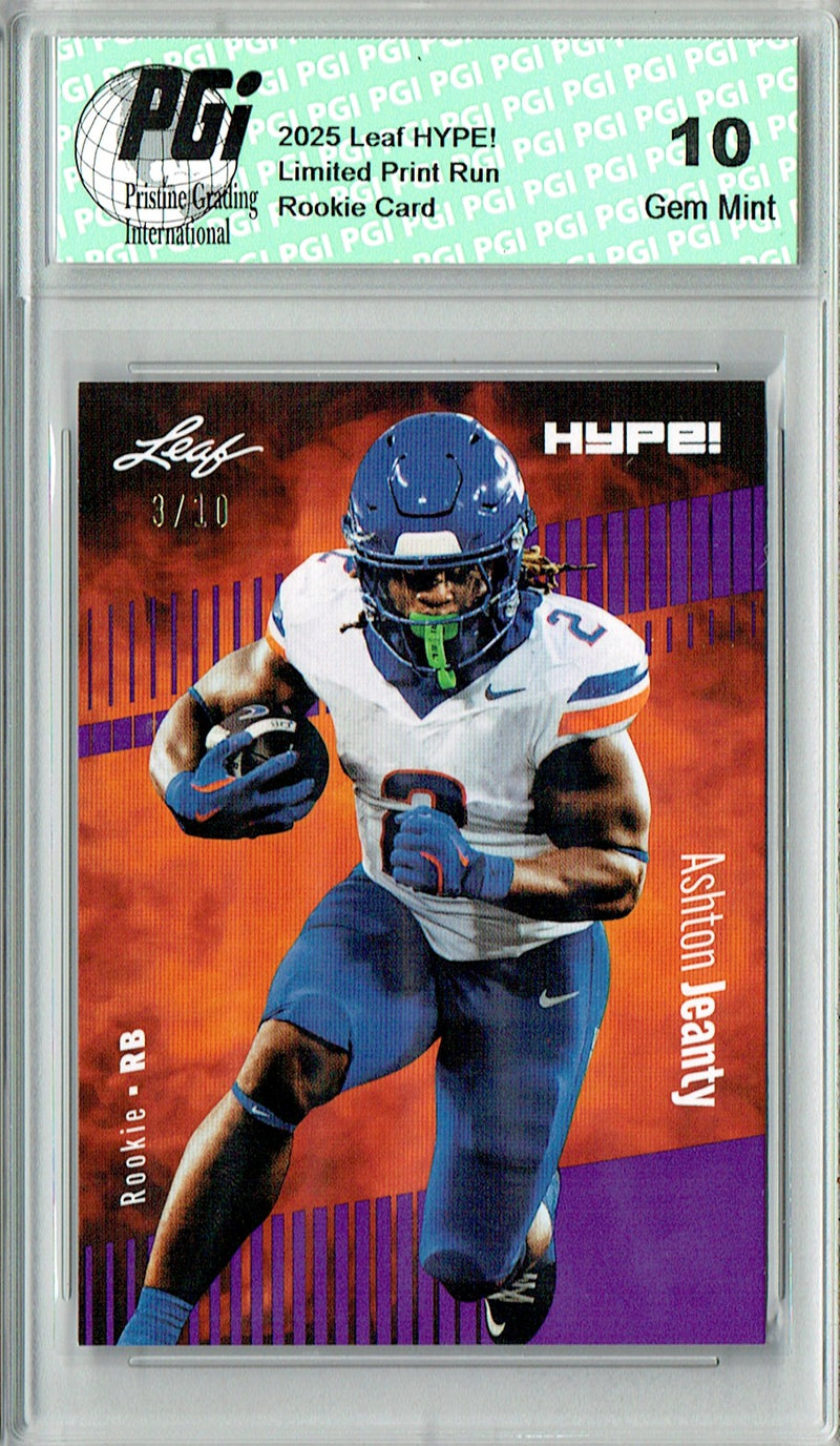 Ashton Jeanty Rookie Card Boise St / Las Vegas PGI 10 Football Trading Card 2025 Leaf HYPE! #179A Purple 10 Made