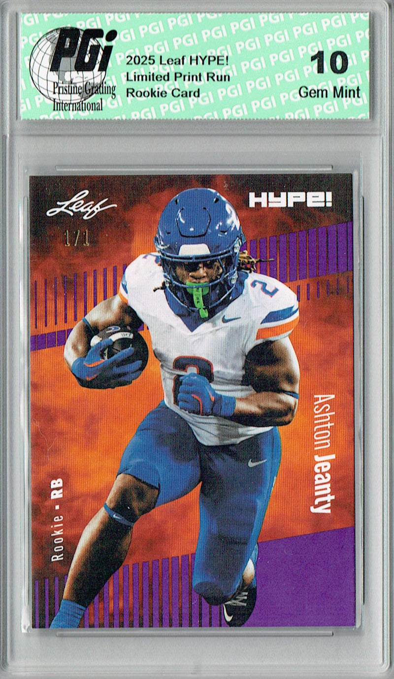 Ashton Jeanty Rookie Card Boise St / Las Vegas PGI 10 Football Trading Card 2025 Leaf HYPE! #179A Purple Blank Back 1/1
