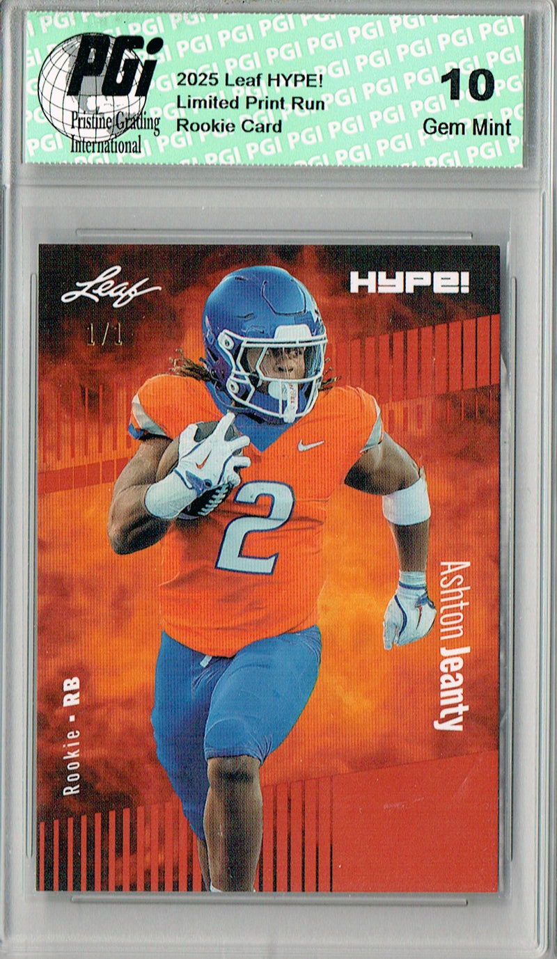 Ashton Jeanty Rookie Card Boise St / Las Vegas PGI 10 Football Trading Card 2025 Leaf HYPE! #179 Orange Blank Back 1/1