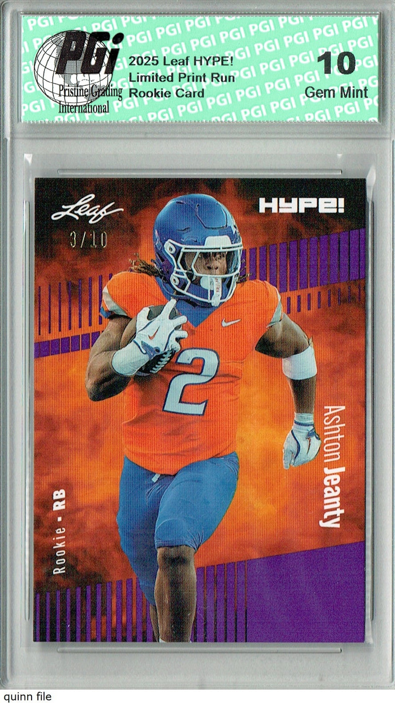Ashton Jeanty Rookie Card Boise St / Las Vegas PGI 10 Football Trading Card 2025 Leaf HYPE! #179 Purple 10 Made