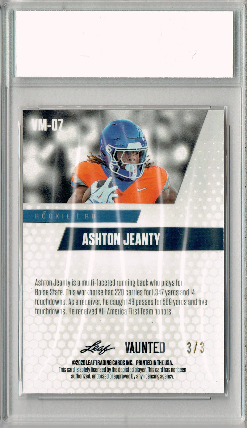 Ashton Jeanty Rookie Card Boise St / Las Vegas PGI 10 Football Trading Card 2025 Leaf Vaunted Metal #VM-07 Orange 3 Made
