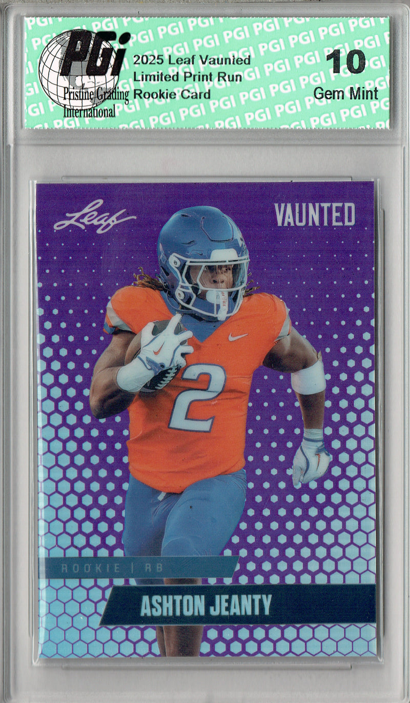 Ashton Jeanty Rookie Card Boise St / Las Vegas PGI 10 Football Trading Card 2025 Leaf Vaunted Metal #VM-07 Purple 15 Made