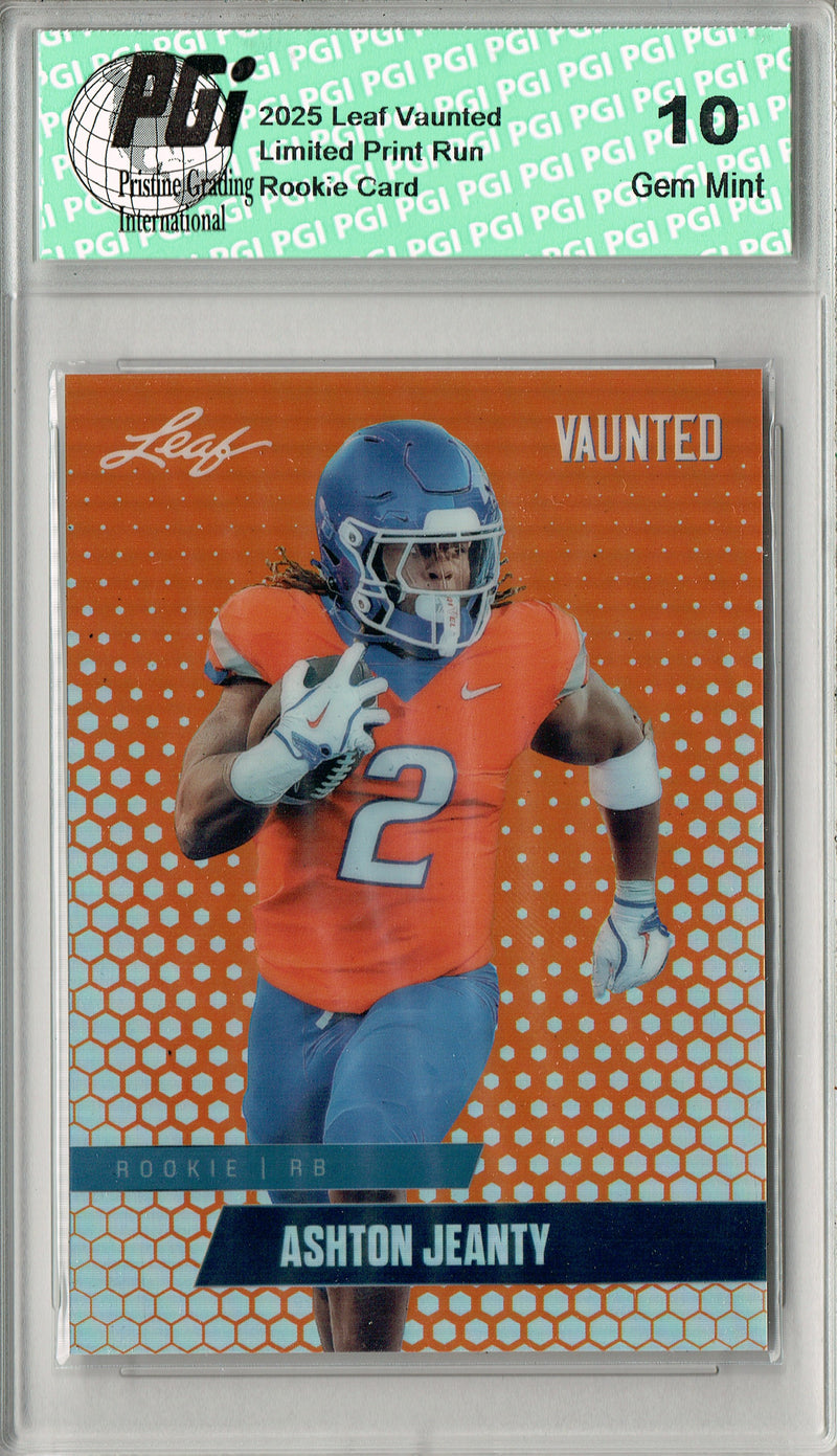 Ashton Jeanty Rookie Card Boise St / Las Vegas PGI 10 Football Trading Card 2025 Leaf Vaunted Metal #VM-07 Orange 3 Made
