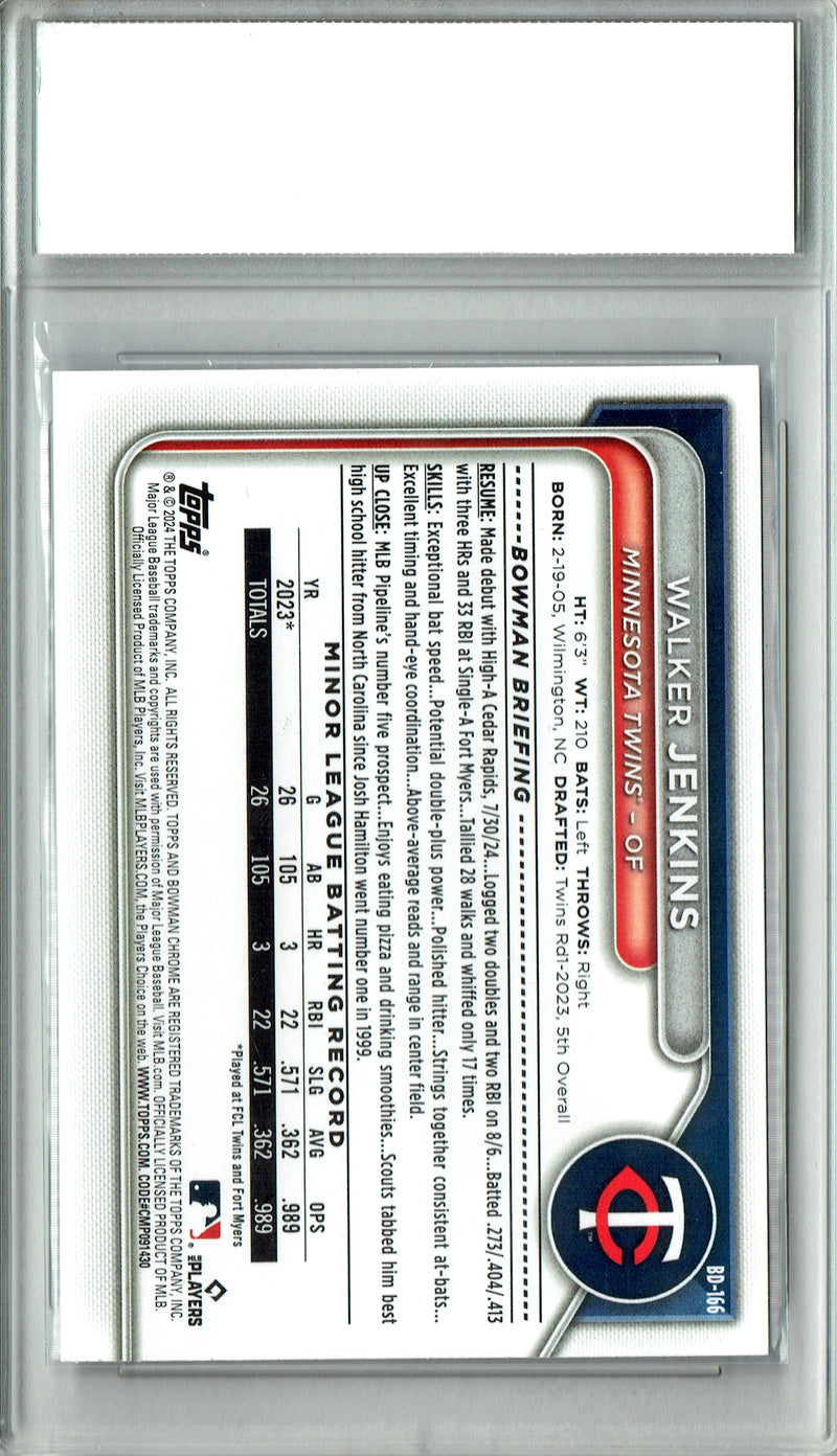 Walker Jenkins Rookie Card 2024 Bowman Draft #BD-166 PRISTINE, PGI 10, Minnesota Twins Baseball