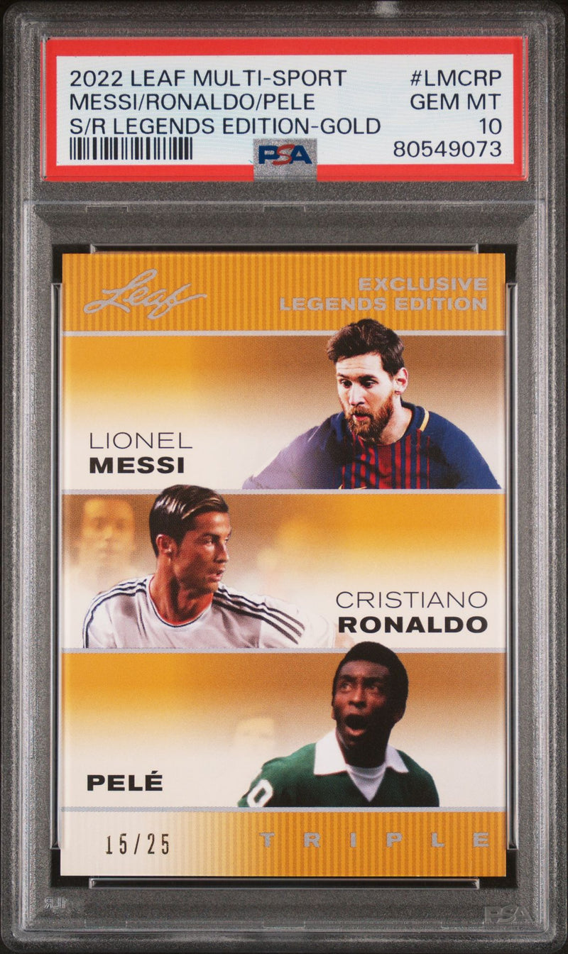 2022 Leaf PSA 10 Pele Lionel Messi Cristiano Ronaldo #LMCRP The Triple Gold #15/25 Rare Trading Card FC Barcelona