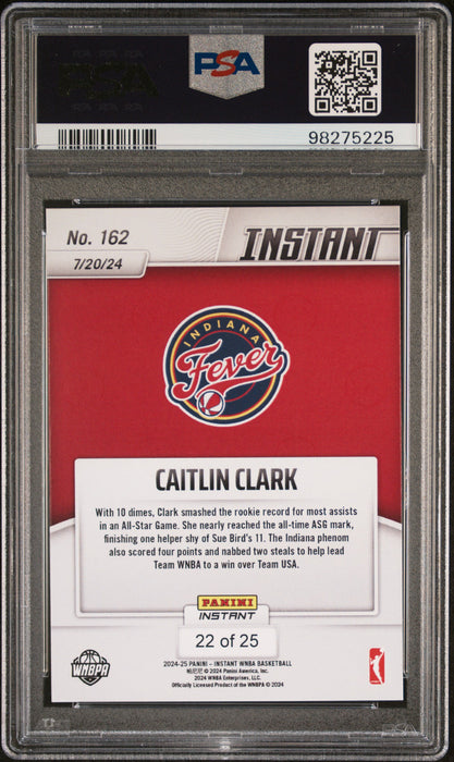 PSA 9 Caitlin Clark 2024 Panini Instant #162 Jungle Jersey #22 of 25 Rookie Card