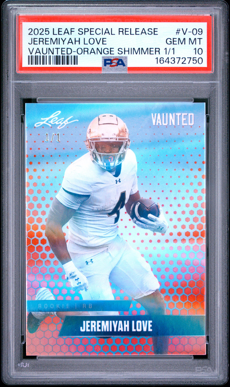 Jeremiyah Love Rookie Card 2025 Leaf Vaunted #V-09 Orange Shimmer 1/1, PSA 10, Arizona 0