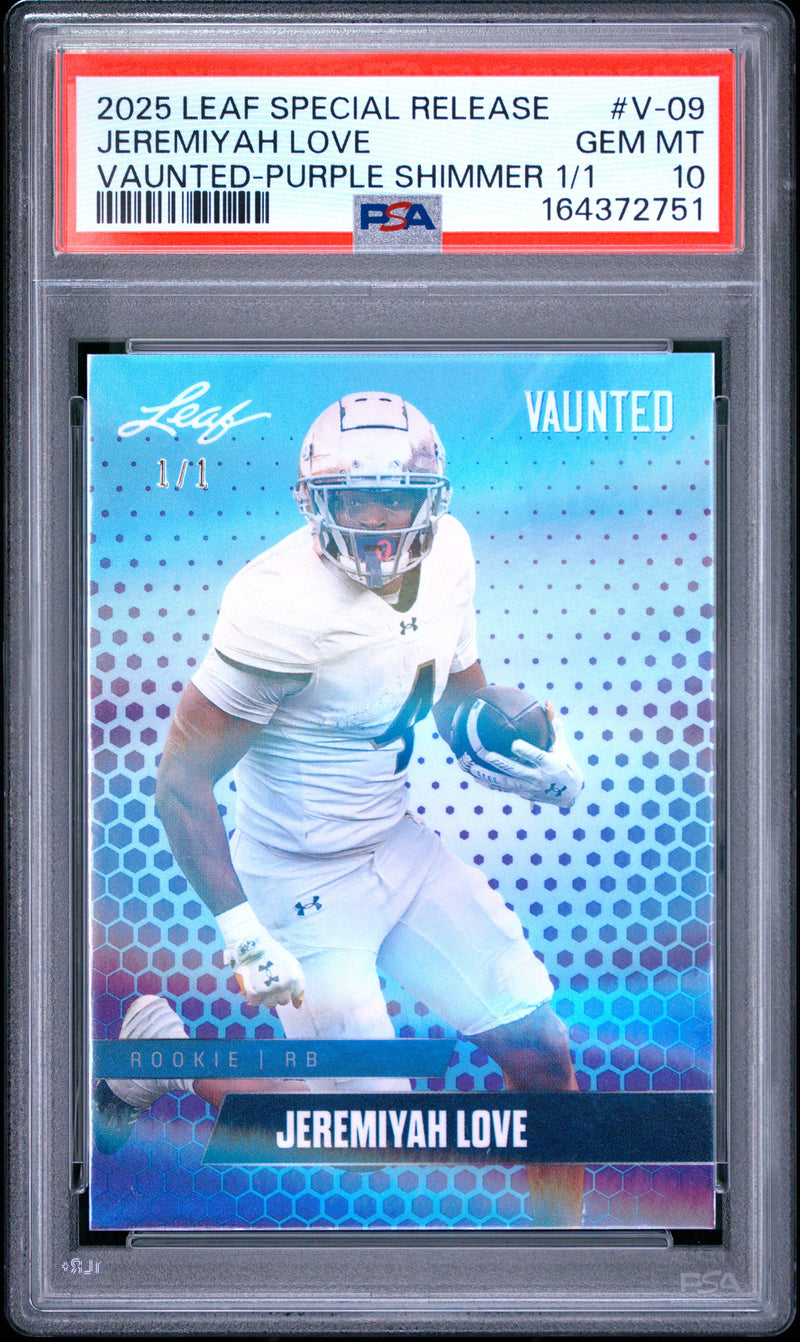 Jeremiyah Love Rookie Card 2025 Leaf Vaunted #V-09 Purple Shimmer 1/1, PSA 10, Arizona 0