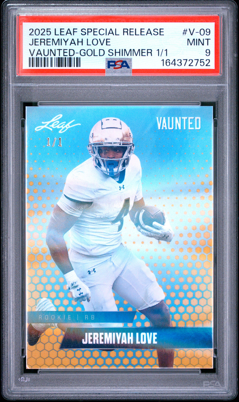 Jeremiyah Love Rookie Card 2025 Leaf Vaunted #V-09 Gold Shimmer 1/1, PSA 9, Arizona 0