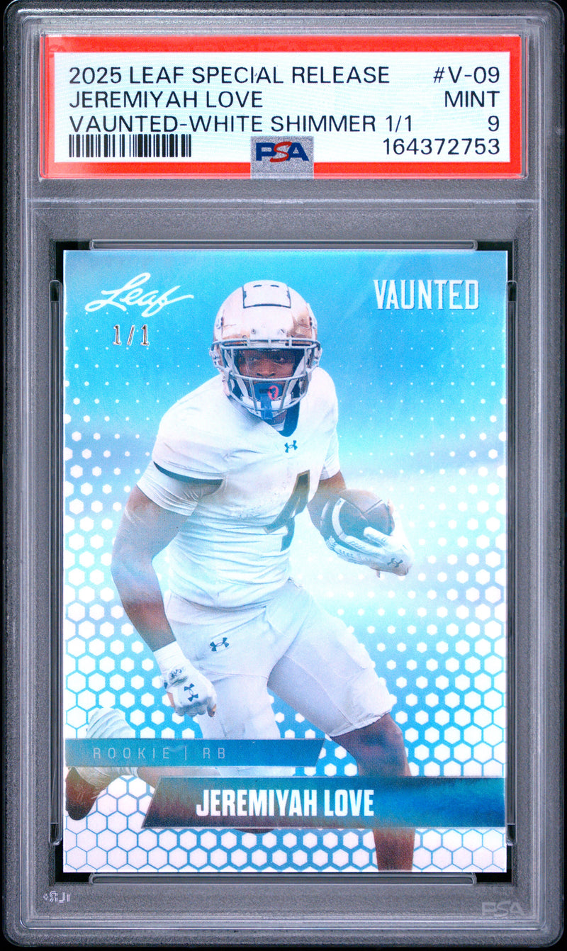 Jeremiyah Love Rookie Card 2025 Leaf Vaunted #V-09 White Shimmer 1/1, PSA 9, Arizona 0