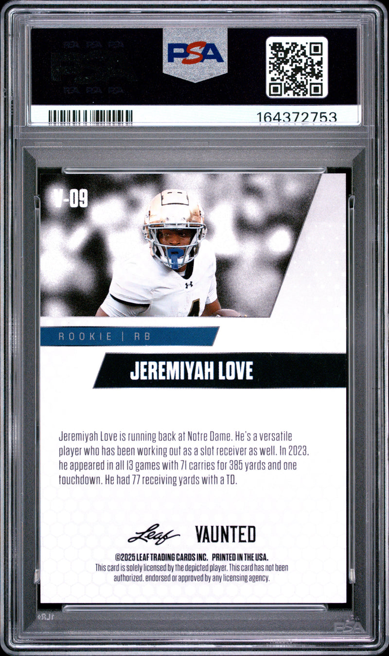 Jeremiyah Love Rookie Card 2025 Leaf Vaunted #V-09 White Shimmer 1/1, PSA 9, Arizona 0