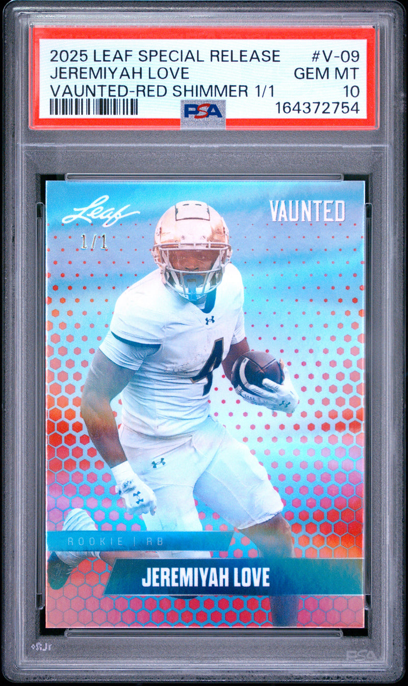 Jeremiyah Love Rookie Card 2025 Leaf Vaunted #V-09 Red Shimmer 1/1, PSA 10, Arizona 0