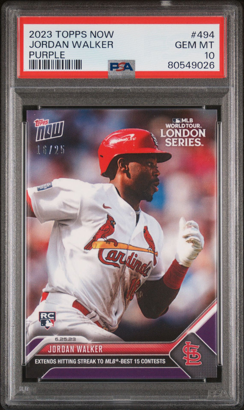 PSA 10 GEM-MT Jordan Walker 2023 Topps Now #494 Purple SP #16/25 Rookie Card