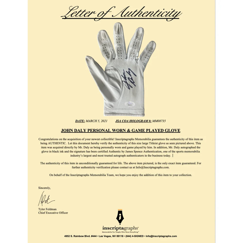 John Daly Signed & Game Played / Worn Golf Glove Framed JSA COA Autograph Cigarette Photo