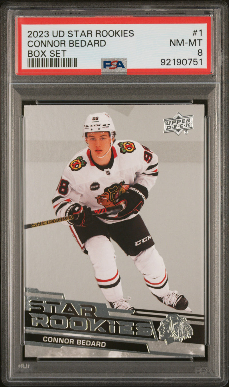 PSA 8 Connor Bedard 2023 Upper Deck #1 Star Rookies Rookie Card Chicago Blackhawks