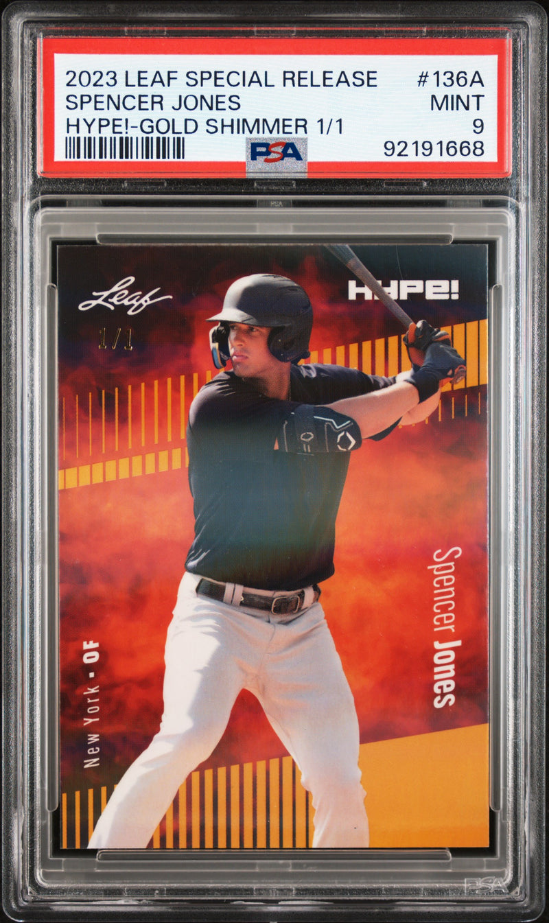 PSA 9 Spencer Jones 2023 Leaf HYPE #136A Gold Shimmer 1/1 Rookie Card New York Yankees
