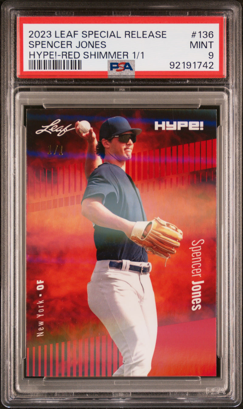 PSA 9 Spencer Jones 2023 Leaf HYPE #136 Red Shimmer 1/1 Rookie Card New York Yankees