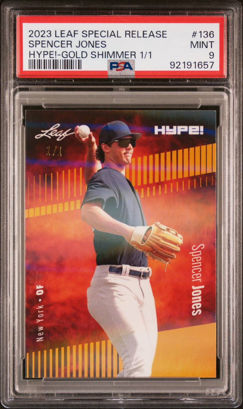 PSA 9 Spencer Jones 2023 Leaf HYPE #136 Gold Shimmer 1/1 Rookie Card New York Yankees