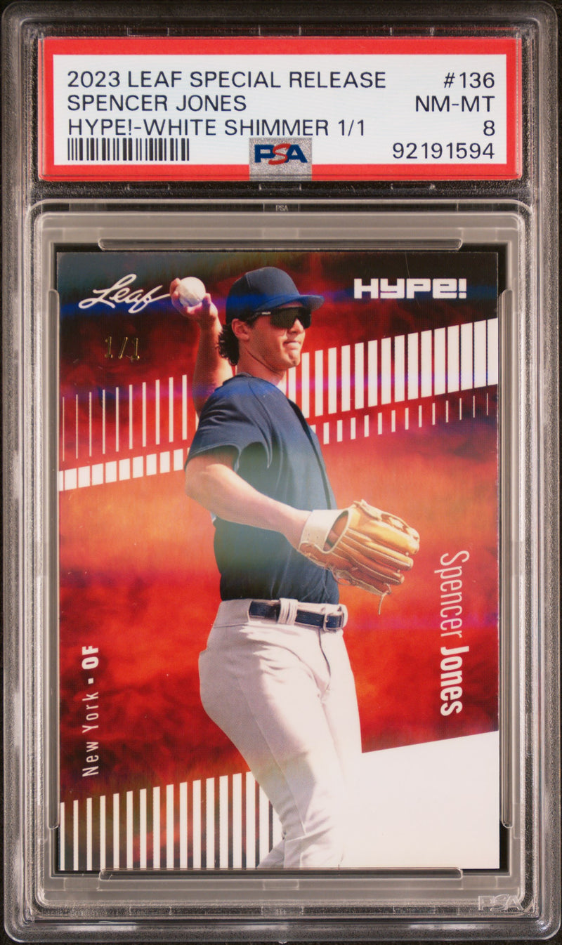 PSA 8 Spencer Jones 2023 Leaf HYPE #136 White Shimmer 1/1 Rookie Card New York Yankees