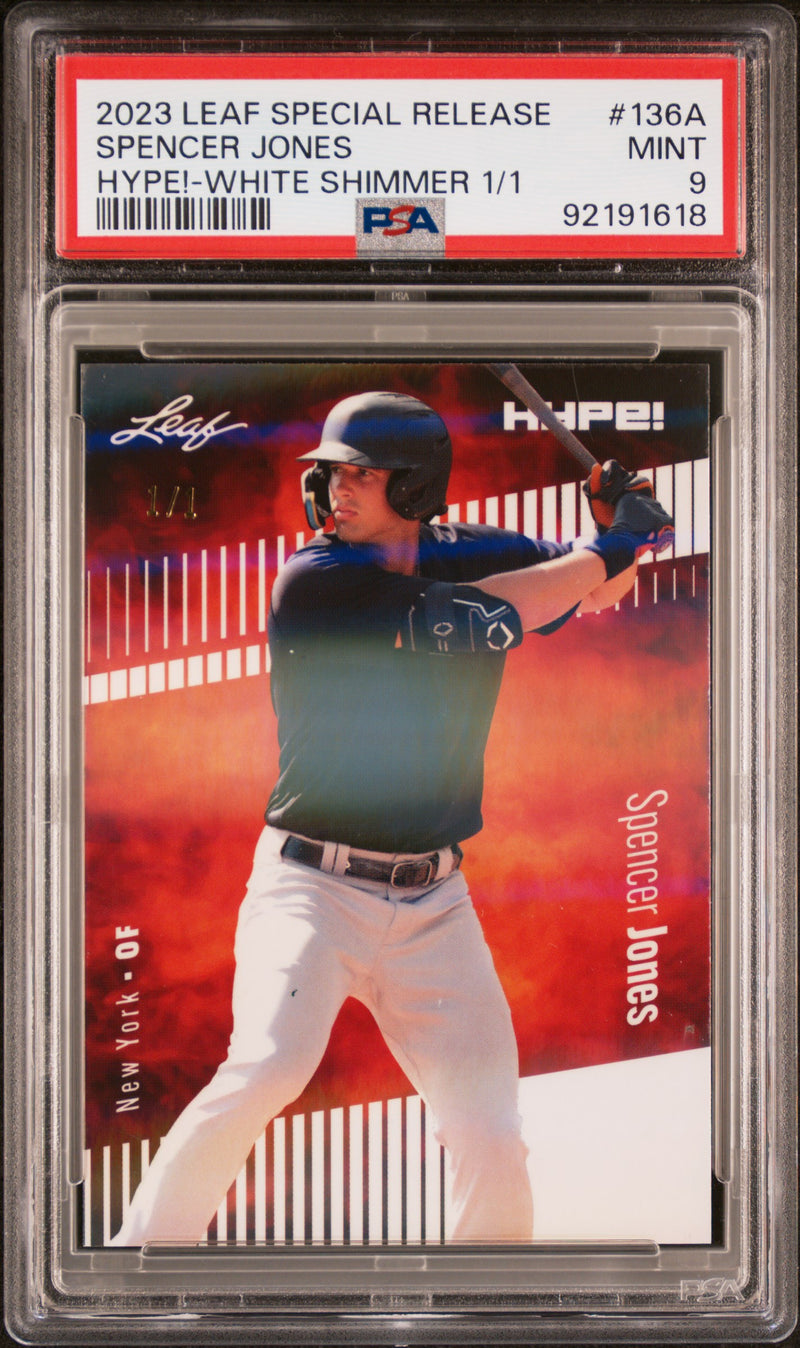 PSA 9 Spencer Jones 2023 Leaf HYPE #136A White Shimmer 1/1 Rookie Card New York Yankees