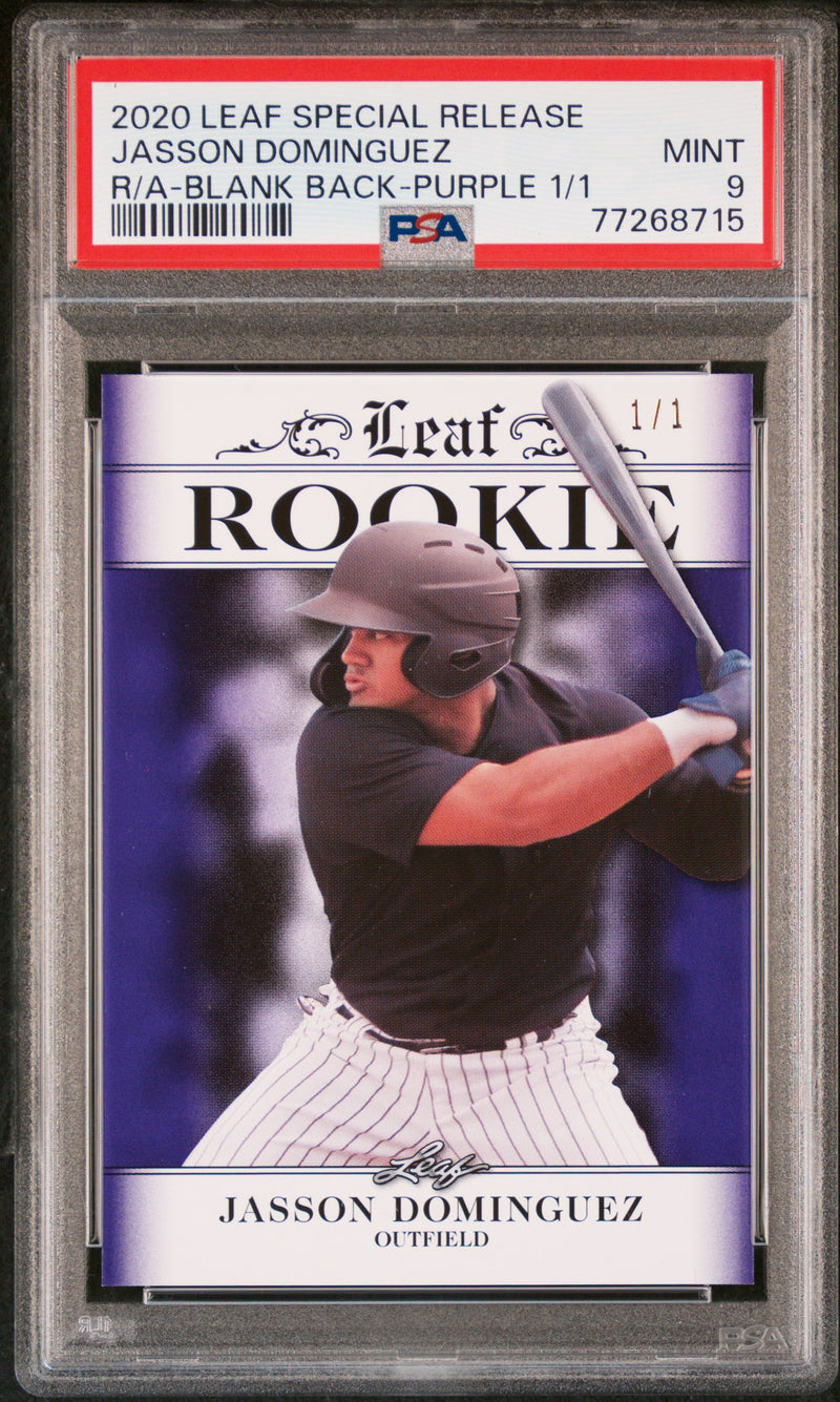 PSA 9 Jasson Dominguez 2020 Leaf Exclusive #1 Rookie Card Blank Back-Purple 1/1