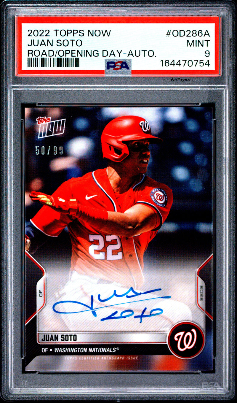 Juan Soto Trading Card 2022 Topps Now #286A Opening Day Auto, PSA 9, Washington Nationals Baseball
