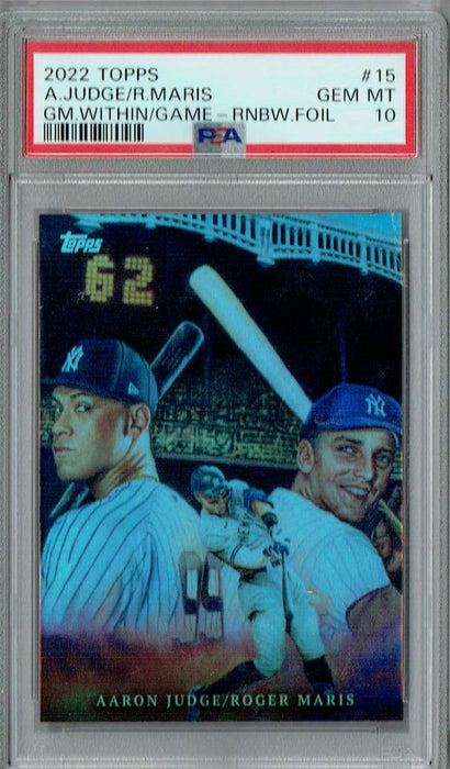 PSA 10 GEM-MT Aaron Judge Roger Maris 2022 Topps #15 Rare Trading Card Game Within The Game Rainbow 99 Made