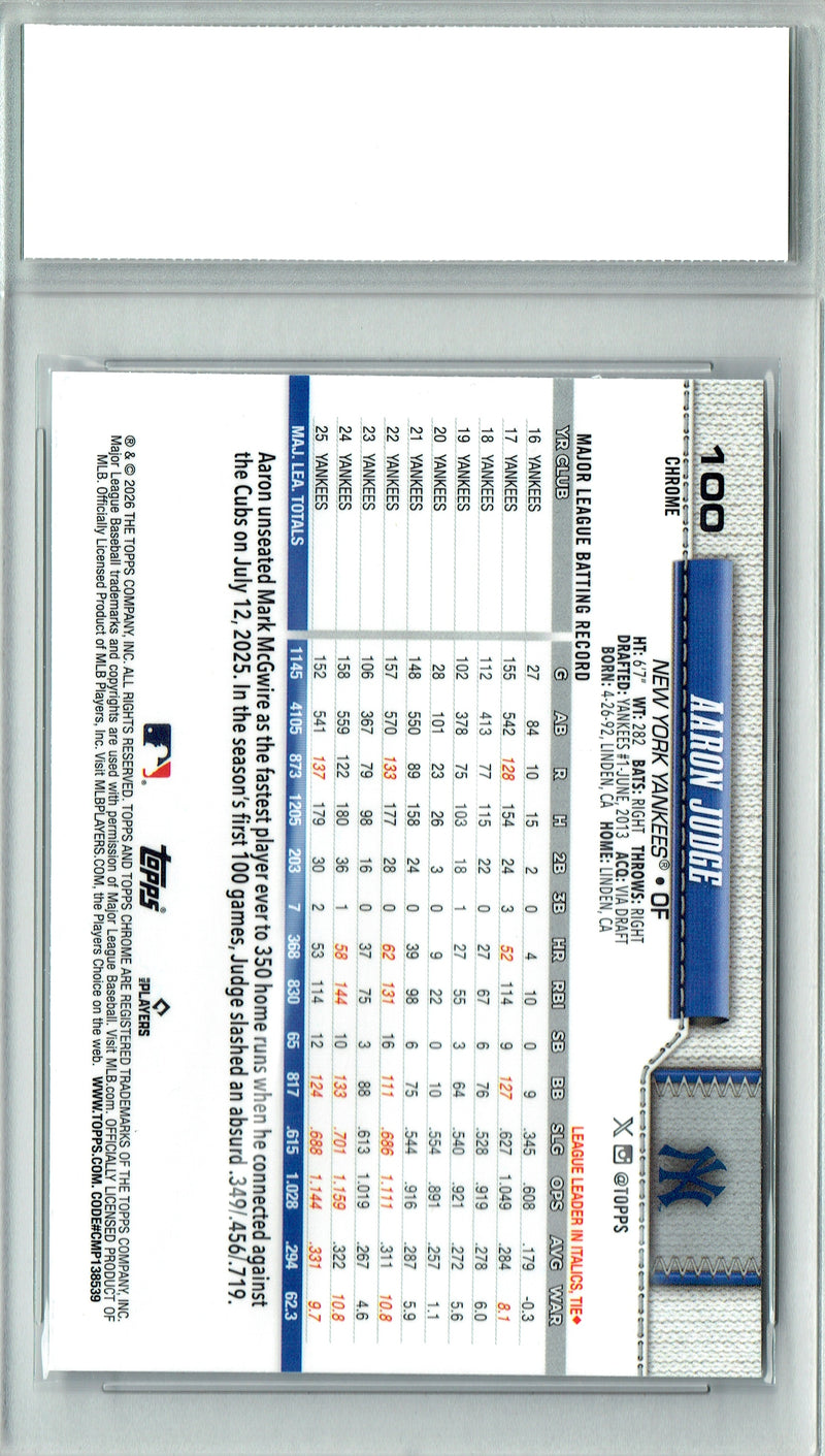 Aaron Judge Trading Card 2026 Topps Chrome #100, PGI 10, New York Yankees Baseball