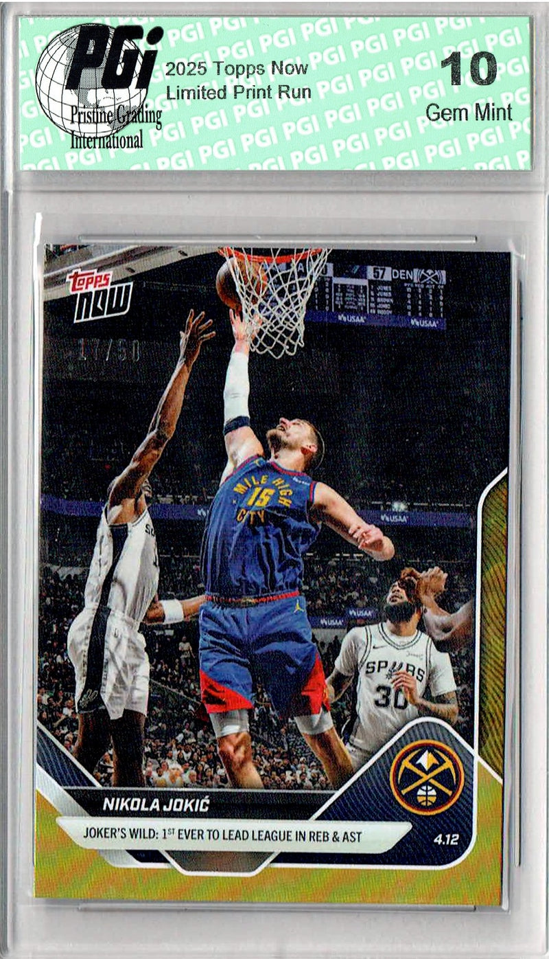 Nikola Jokic 2025 Topps Now #255 Gold SP #17/50 Rare Trading Card PGI 10 Gem Mint Denver Nuggets