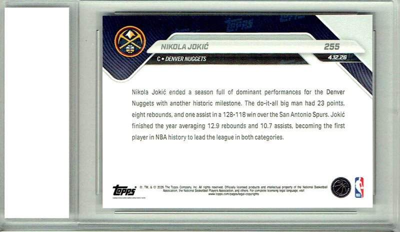 Nikola Jokic 2025 Topps Now #255 Gold SP #17/50 Rare Trading Card PGI 10 Gem Mint Denver Nuggets