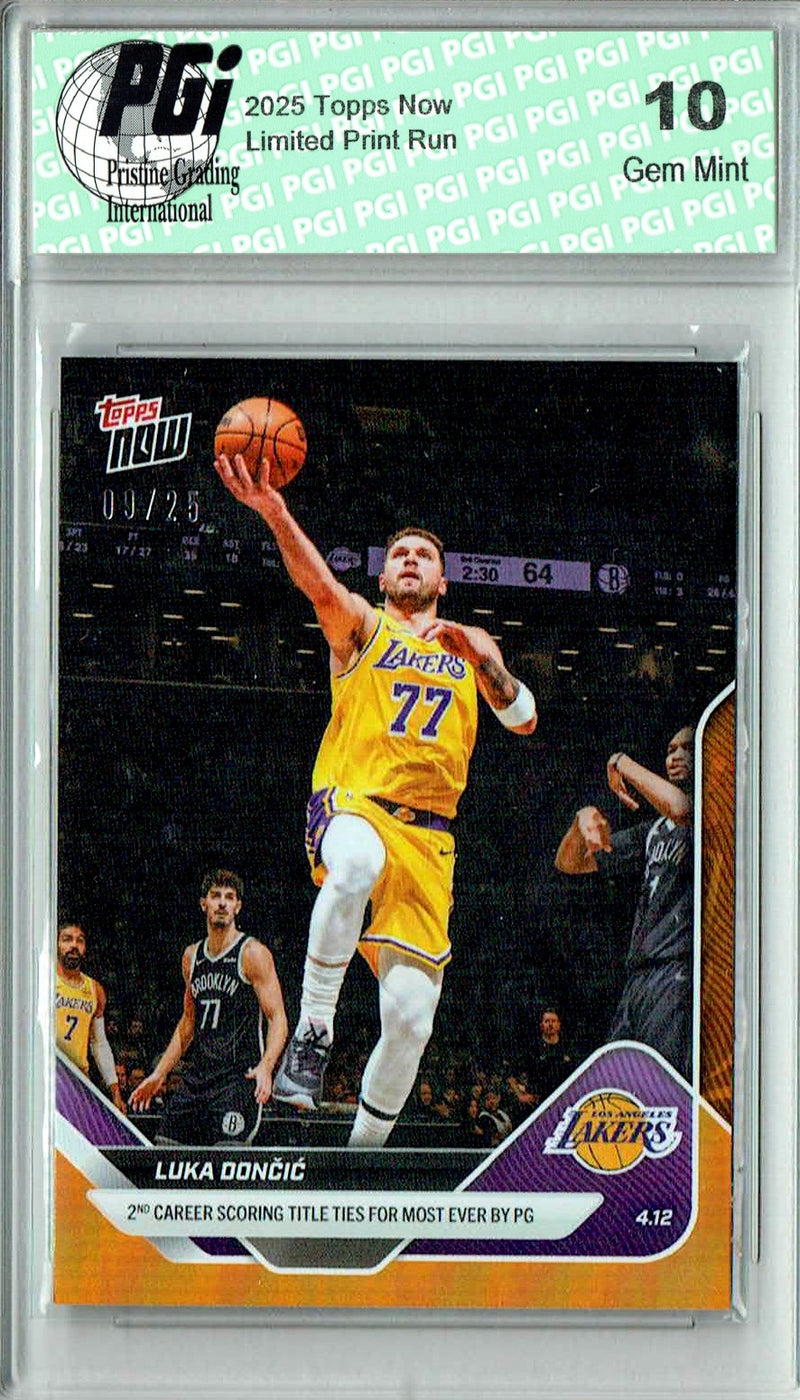 Luka Doncic 2025 Topps Now #256 Orange Foil #9/25 Rare Trading Card PGI 10 Gem Mint Los Angeles Lakers